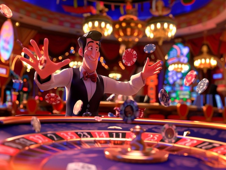 Ilustrasi pengguna tersenyum menggunakan ponsel sambil bermain Togel Online dengan aman di rumah
